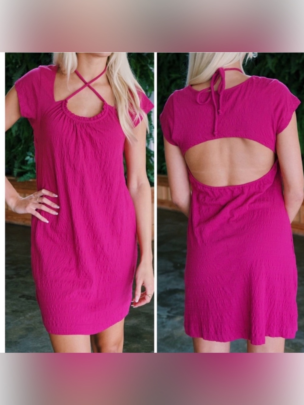 NWT-FREE PEOPLE Fuchsia Crisscross Neck Short Sleeve Shift Dress